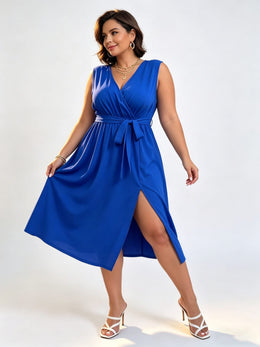 KissICON Dresses Chic Plus Size Summer Solid CrossSlit Belted Maxi Dress