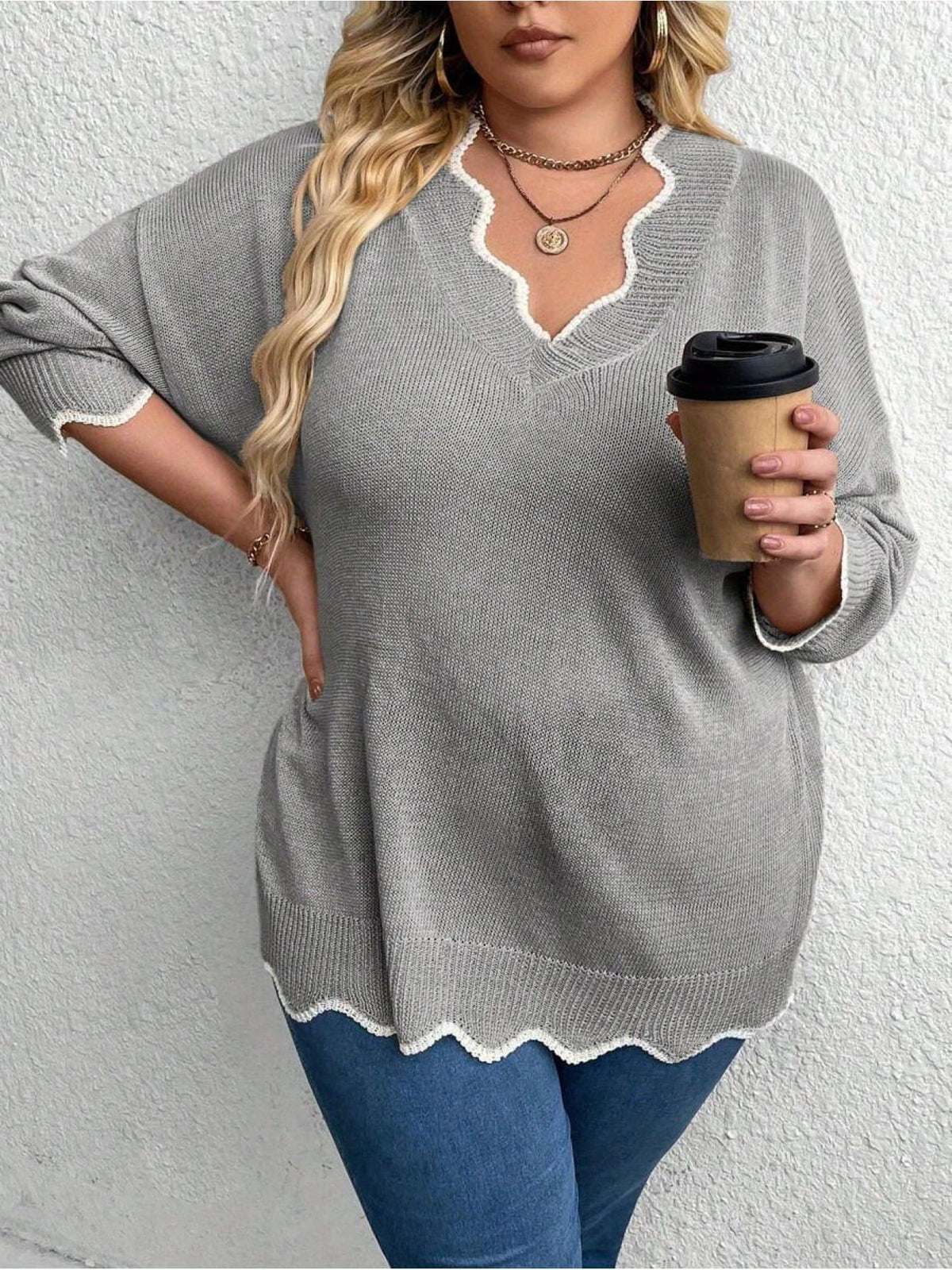 jkthpu-45 Chic Plus Size VNeck Sweater Elegant AllSeason Stretchy Wear