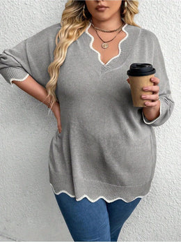 jkthpu-45 Chic Plus Size VNeck Sweater Elegant AllSeason Stretchy Wear