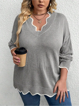 jkthpu-45 Chic Plus Size VNeck Sweater Elegant AllSeason Stretchy Wear