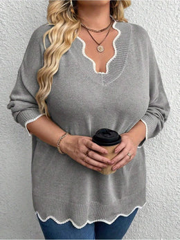jkthpu-45 Chic Plus Size VNeck Sweater Elegant AllSeason Stretchy Wear
