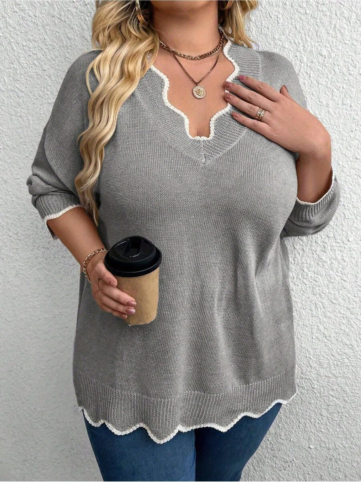 jkthpu-45 Chic Plus Size VNeck Sweater Elegant AllSeason Stretchy Wear