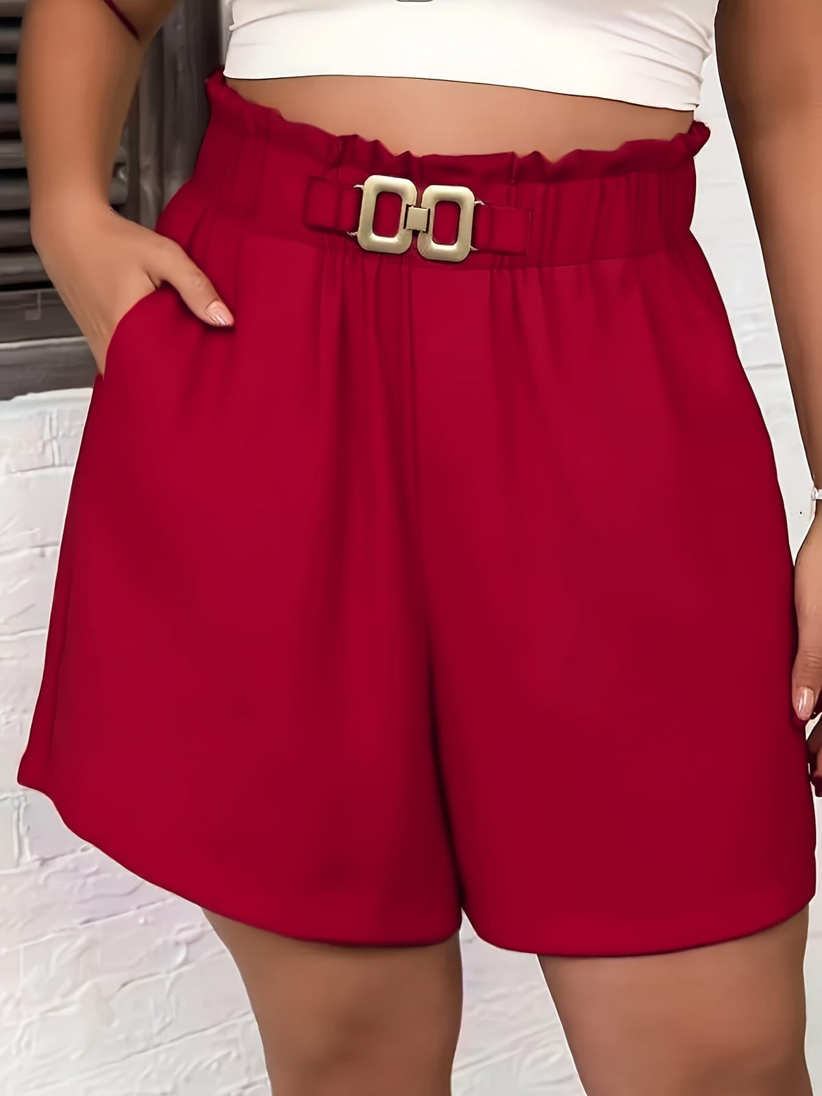 jkthpu-45 Chic Plus Size WideLeg Shorts with Double Ring Buckle
