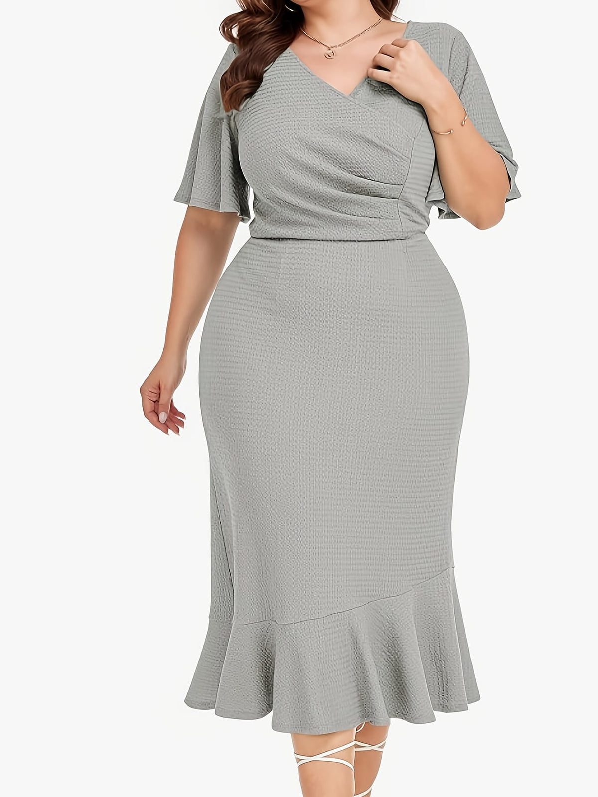 jkthpu-45 Chic Plus Size Women's Midi Mermaid Cocktail Dress with Pleats and Short Sleeves 1X-6X