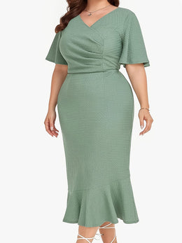 jkthpu-45 Chic Plus Size Women's Midi Mermaid Cocktail Dress with Pleats and Short Sleeves 1X-6X
