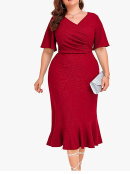 jkthpu-45 Chic Plus Size Women's Midi Mermaid Cocktail Dress with Pleats and Short Sleeves 1X-6X