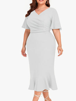jkthpu-45 Chic Plus Size Women's Midi Mermaid Cocktail Dress with Pleats and Short Sleeves 1X-6X