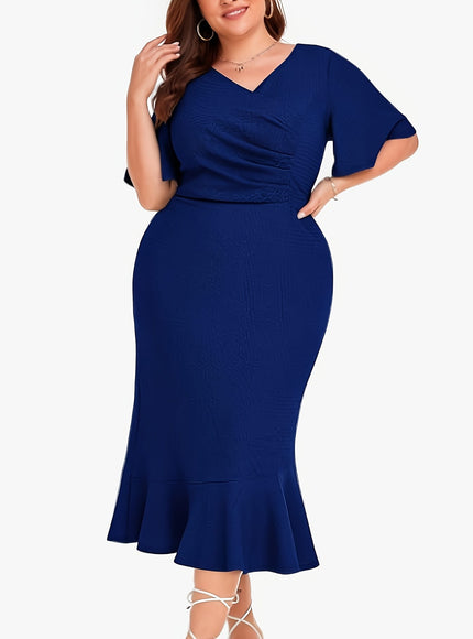 jkthpu-45 Chic Plus Size Women's Midi Mermaid Cocktail Dress with Pleats and Short Sleeves 1X-6X