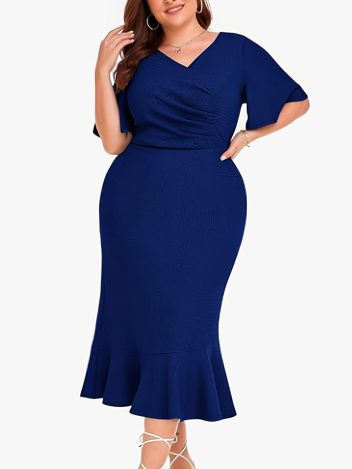jkthpu-45 Chic Plus Size Women's Midi Mermaid Cocktail Dress with Pleats and Short Sleeves 1X-6X