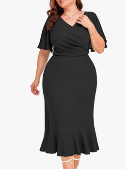 jkthpu-45 Chic Plus Size Women's Midi Mermaid Cocktail Dress with Pleats and Short Sleeves 1X-6X