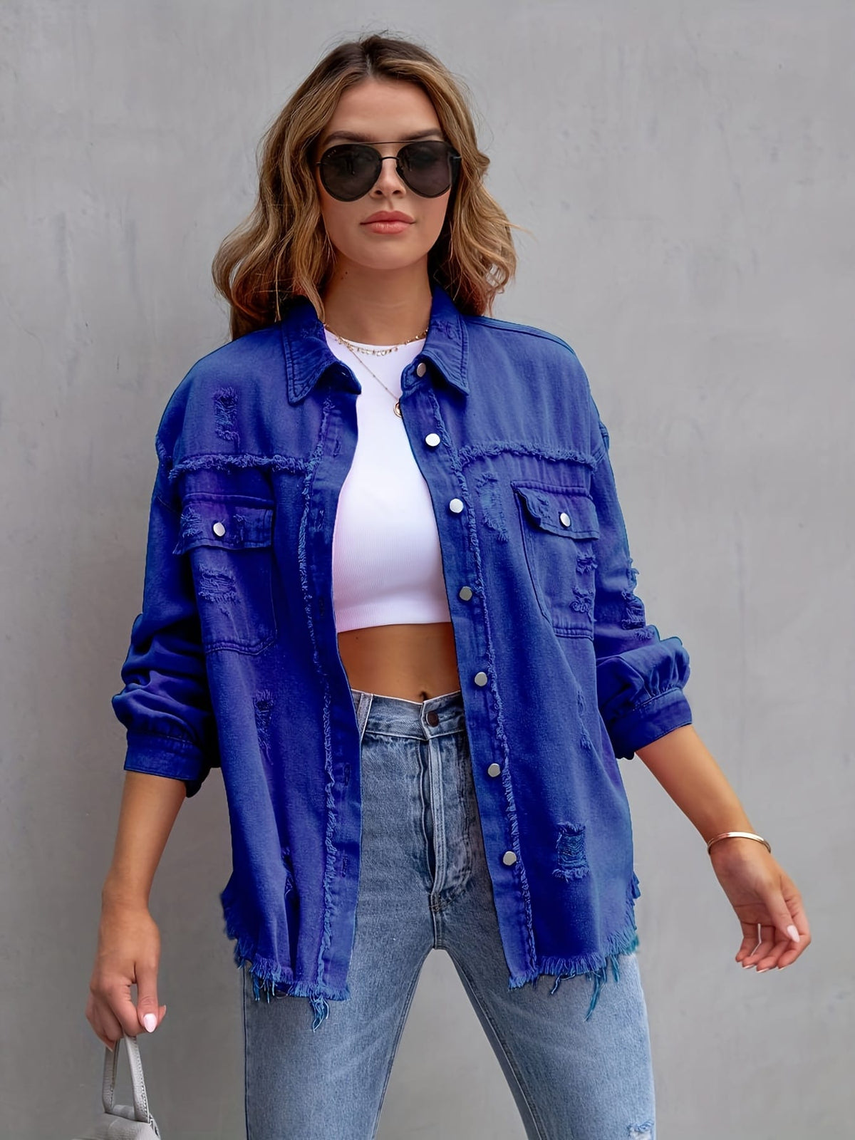 jkthpu-45 Chic PlusSize Distressed Denim Jacket Effortless Style