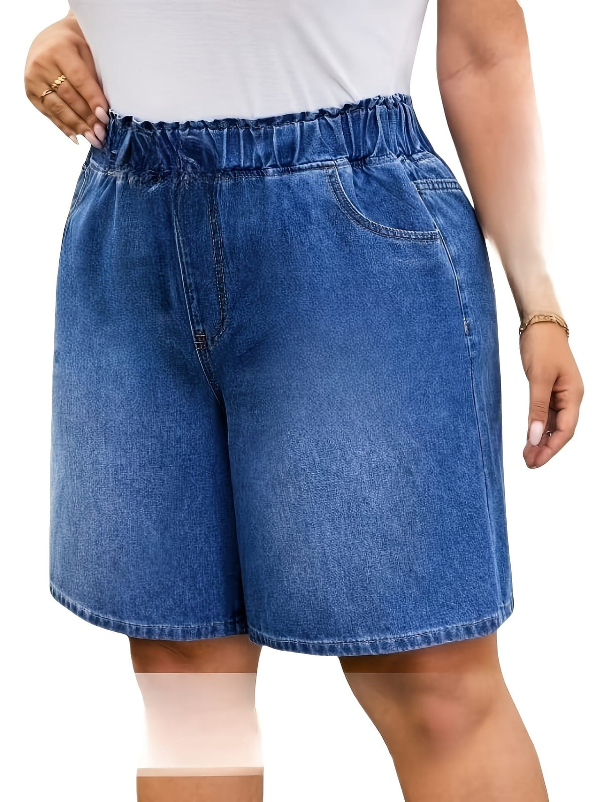 jkthpu-45 Chic PlusSize Light Wash WideLeg Denim Shorts