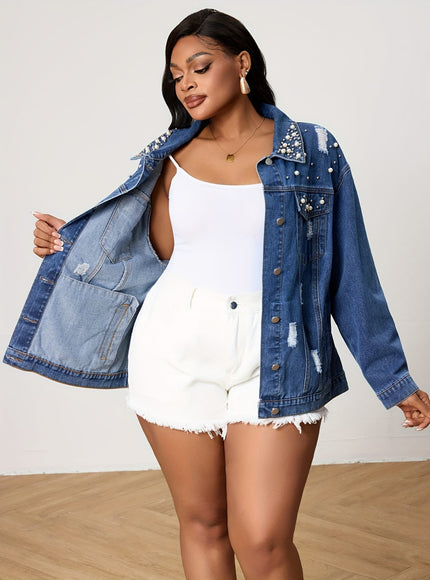 jkthpu-45 Chic PlusSize Pearl Distressed Denim Jacket