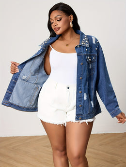 jkthpu-45 Chic PlusSize Pearl Distressed Denim Jacket