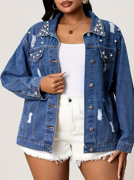 jkthpu-45 Chic PlusSize Pearl Distressed Denim Jacket