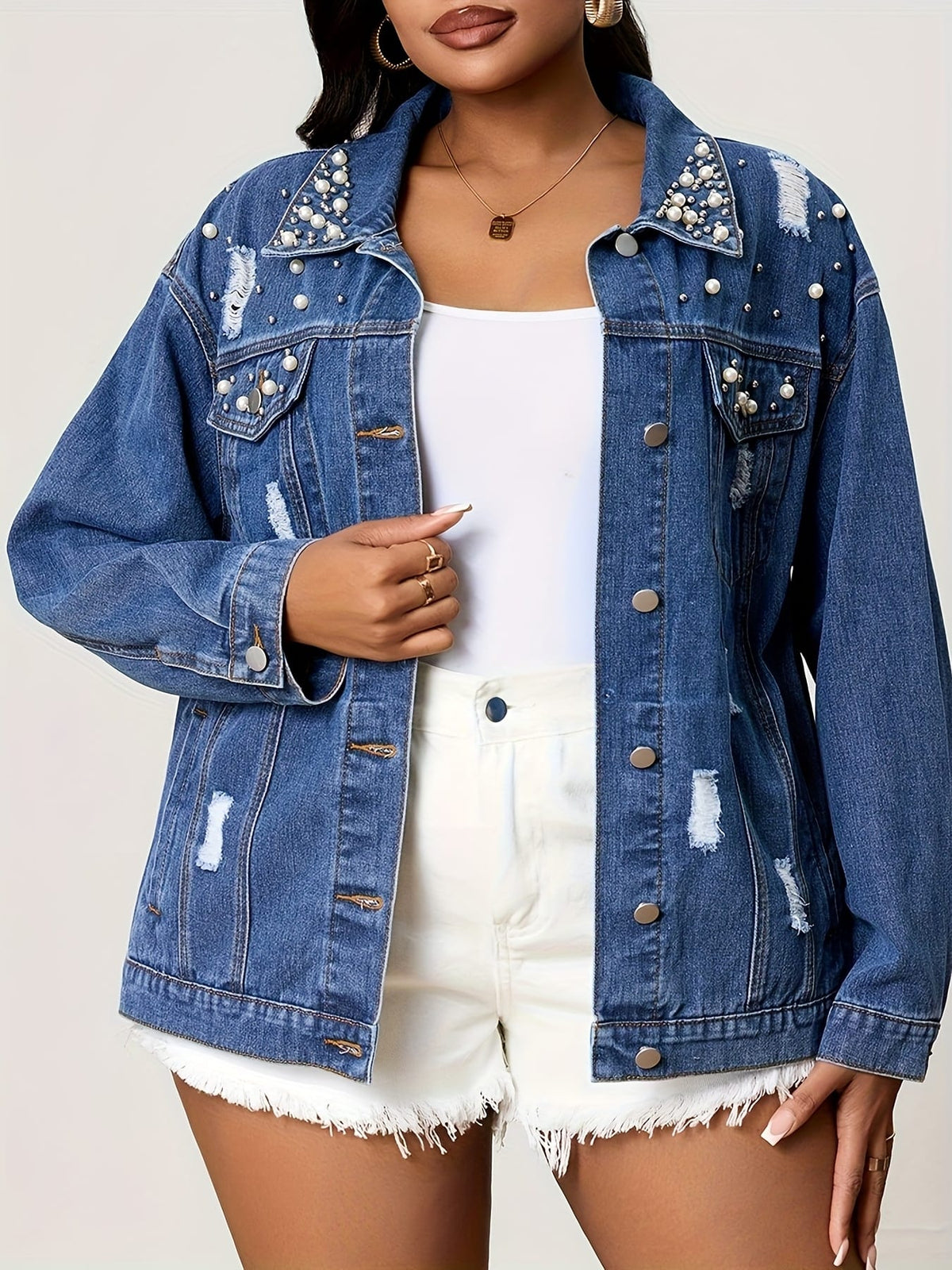 jkthpu-45 Chic PlusSize Pearl Distressed Denim Jacket