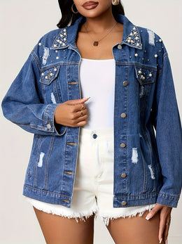 jkthpu-45 Chic PlusSize Pearl Distressed Denim Jacket