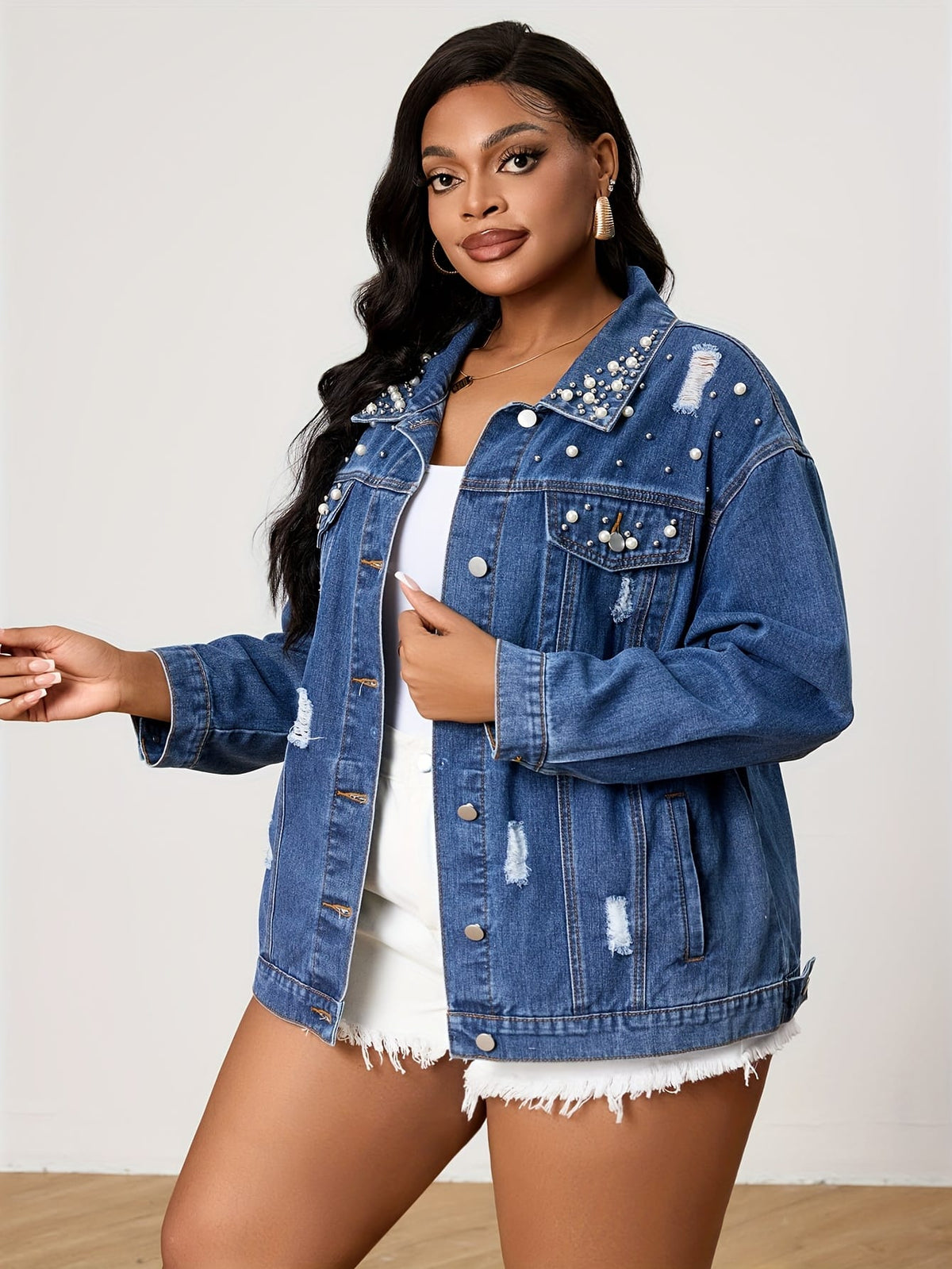 jkthpu-45 Chic PlusSize Pearl Distressed Denim Jacket