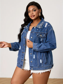 jkthpu-45 Chic PlusSize Pearl Distressed Denim Jacket