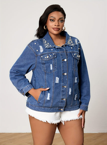 jkthpu-45 Chic PlusSize Pearl Distressed Denim Jacket