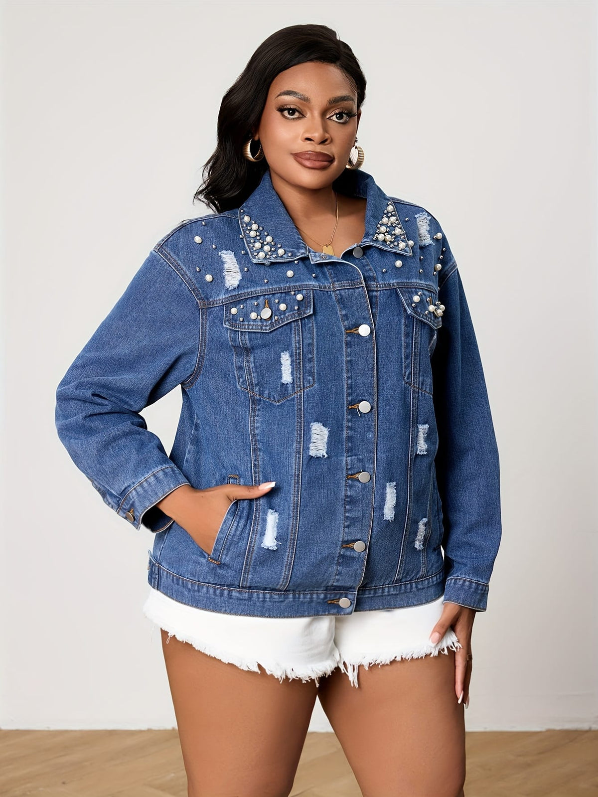jkthpu-45 Chic PlusSize Pearl Distressed Denim Jacket