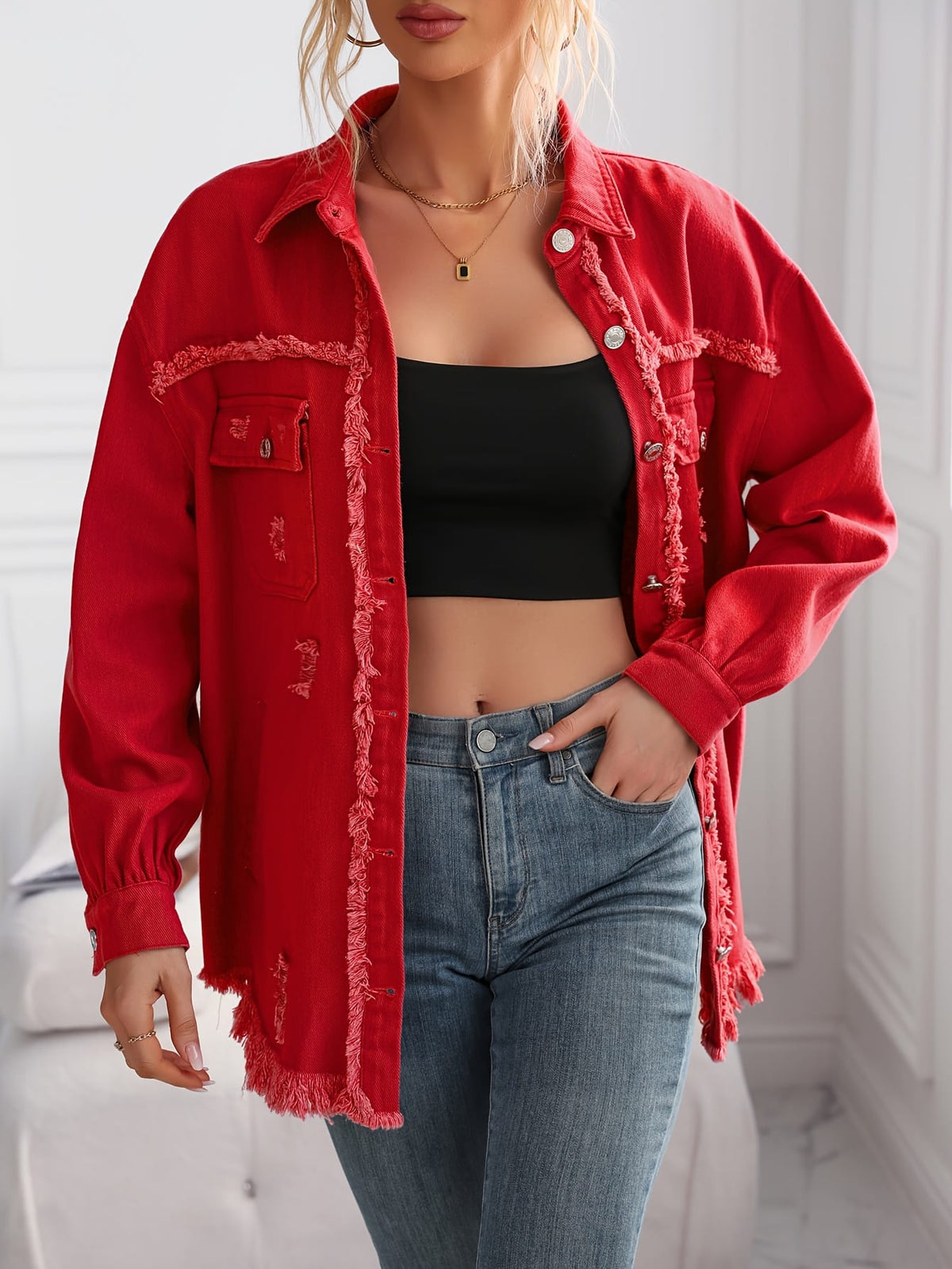 jkthpu-45 Chic Red MidLength Loose Denim Jacket for Women