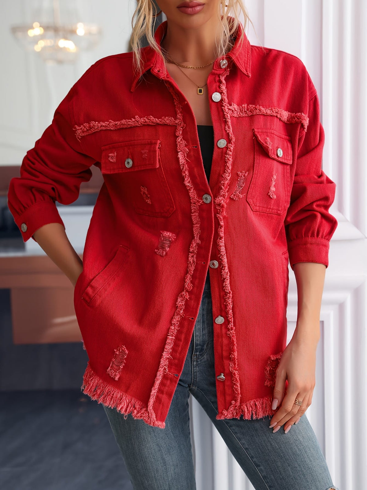 jkthpu-45 Chic Red MidLength Loose Denim Jacket for Women