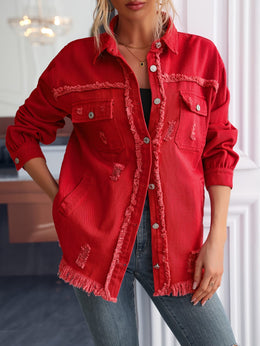 jkthpu-45 Chic Red MidLength Loose Denim Jacket for Women