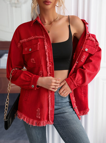 jkthpu-45 Chic Red MidLength Loose Denim Jacket for Women