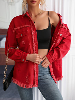 jkthpu-45 Chic Red MidLength Loose Denim Jacket for Women