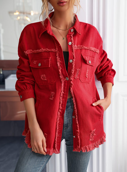 jkthpu-45 Chic Red MidLength Loose Denim Jacket for Women