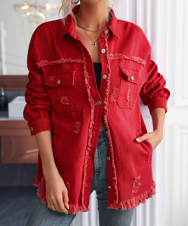 jkthpu-45 Chic Red MidLength Loose Denim Jacket for Women
