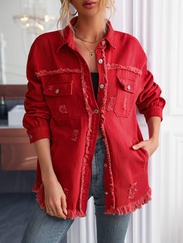 jkthpu-45 Chic Red MidLength Loose Denim Jacket for Women