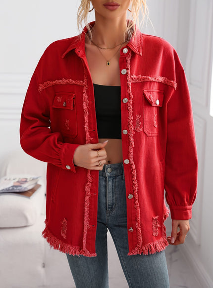 jkthpu-45 Chic Red MidLength Loose Denim Jacket for Women