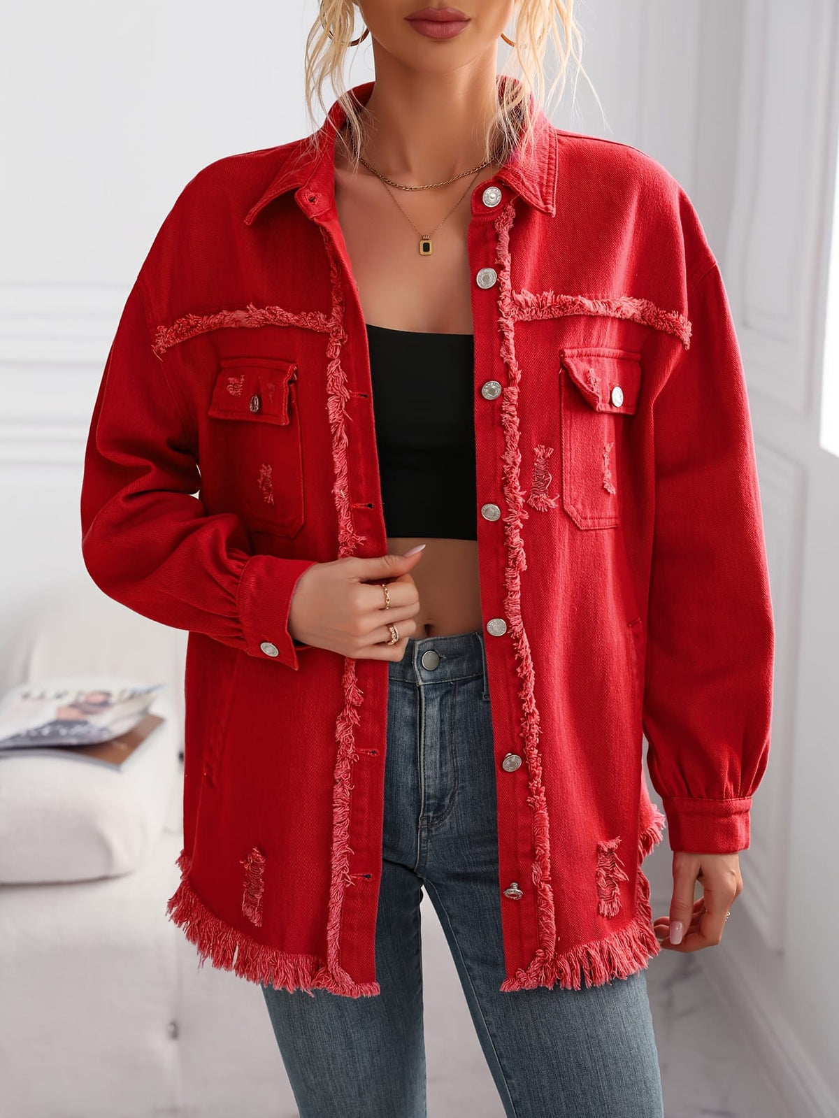 jkthpu-45 Chic Red MidLength Loose Denim Jacket for Women