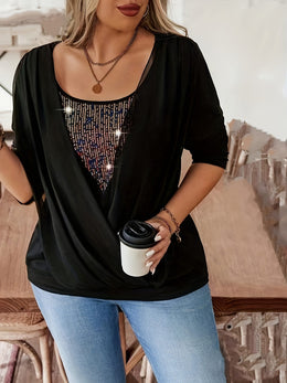 jkthpu-45 Chic Sequin Patch Plus Size Long Sleeve Faux TwoPiece Top