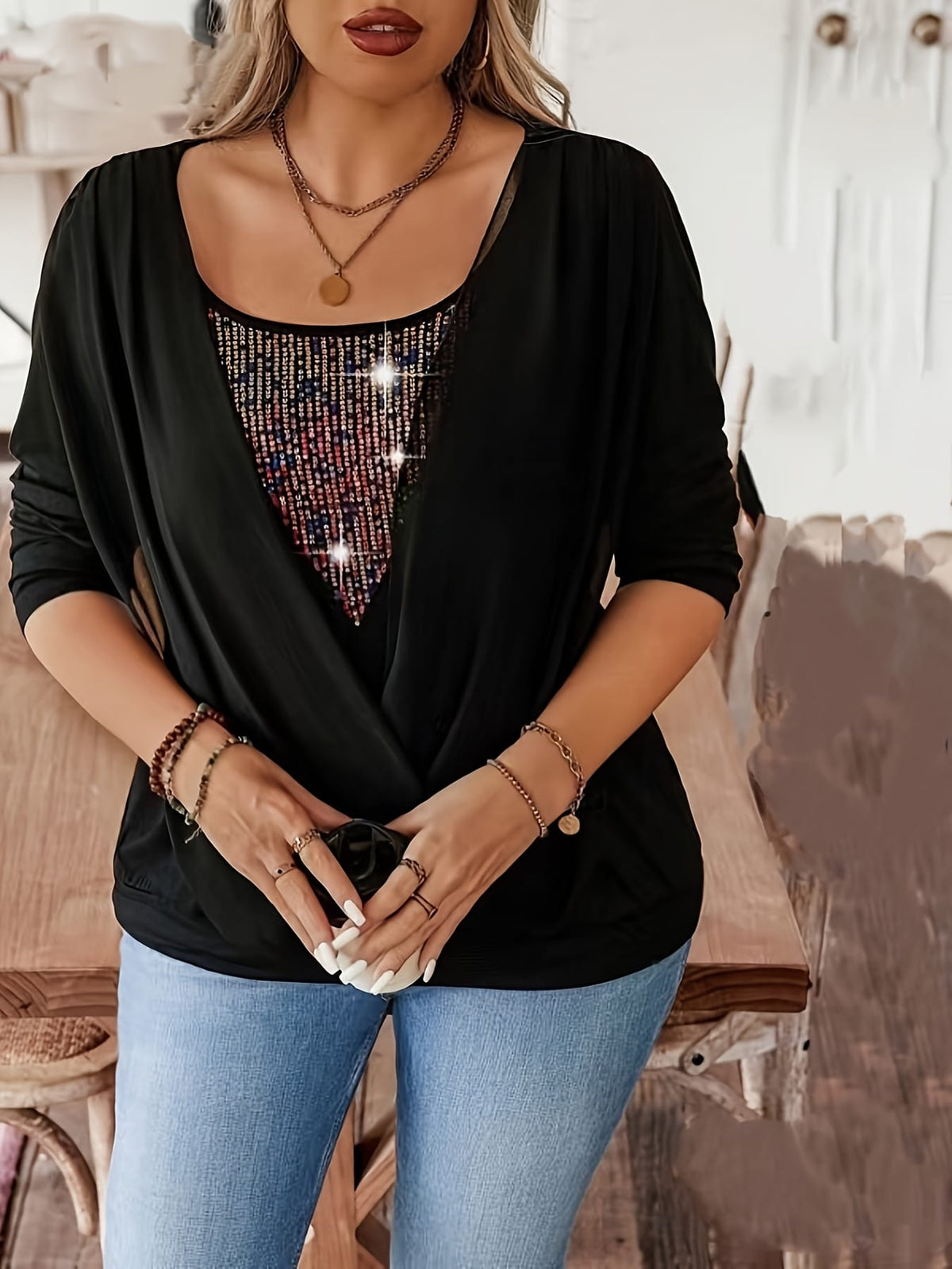 jkthpu-45 Chic Sequin Patch Plus Size Long Sleeve Faux TwoPiece Top