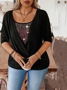 jkthpu-45 Chic Sequin Patch Plus Size Long Sleeve Faux TwoPiece Top