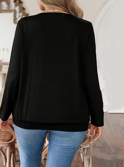 jkthpu-45 Chic Sequin Patch Plus Size Long Sleeve Faux TwoPiece Top