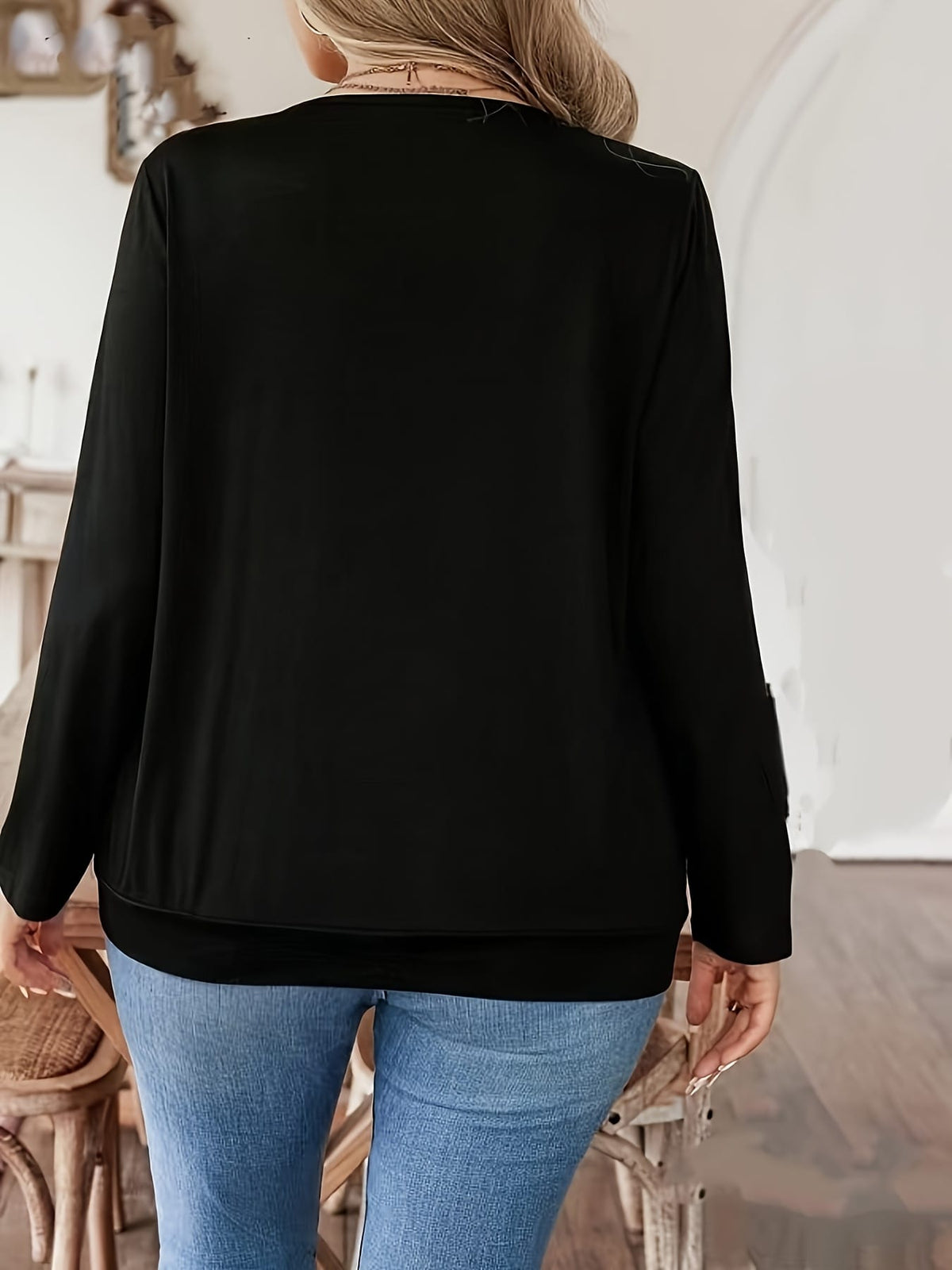 jkthpu-45 Chic Sequin Patch Plus Size Long Sleeve Faux TwoPiece Top