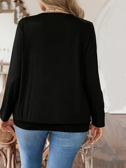 jkthpu-45 Chic Sequin Patch Plus Size Long Sleeve Faux TwoPiece Top