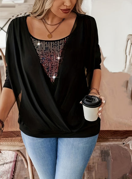 jkthpu-45 Chic Sequin Patch Plus Size Long Sleeve Faux TwoPiece Top