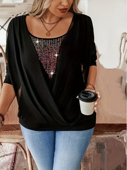 jkthpu-45 Chic Sequin Patch Plus Size Long Sleeve Faux TwoPiece Top