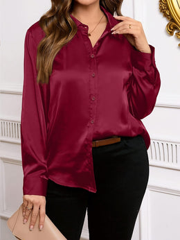 jkthpu-45 Chic Shiny Satin Twill ButtonUp Plus Size Shirt