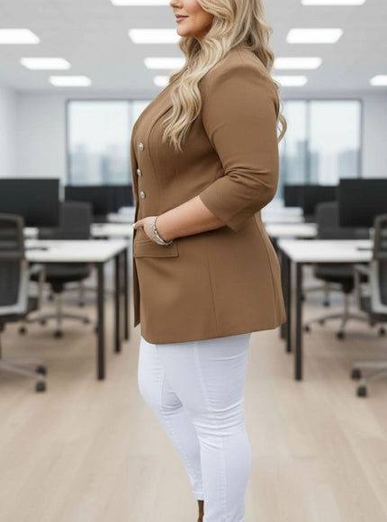 KissICON Chic Tan Double-Breasted Blazer – Plus Size Power Dressing