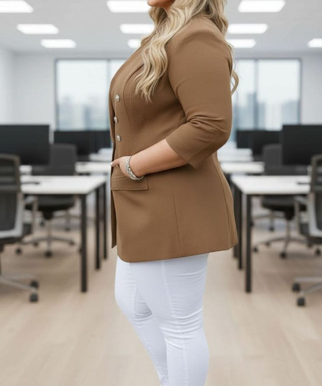 KissICON Chic Tan Double-Breasted Blazer – Plus Size Power Dressing