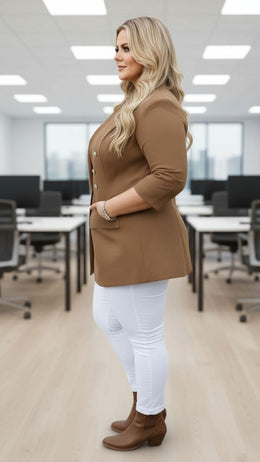 KissICON Chic Tan Double-Breasted Blazer – Plus Size Power Dressing