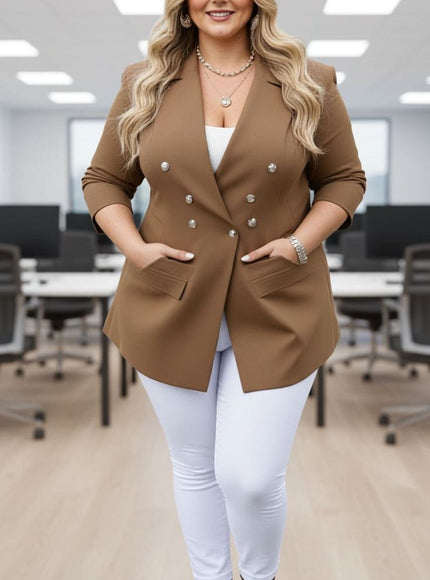 KissICON Chic Tan Double-Breasted Blazer – Plus Size Power Dressing