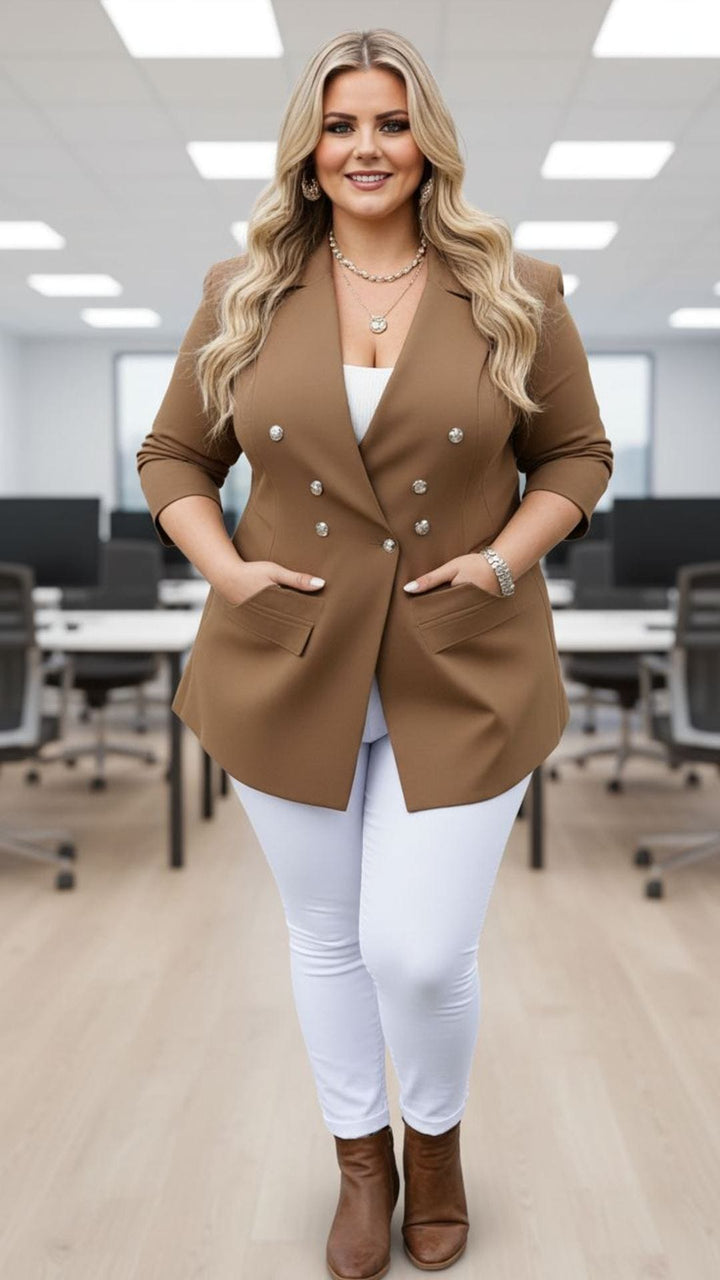 Chic Tan Double-Breasted Blazer – Plus Size Power Dressing