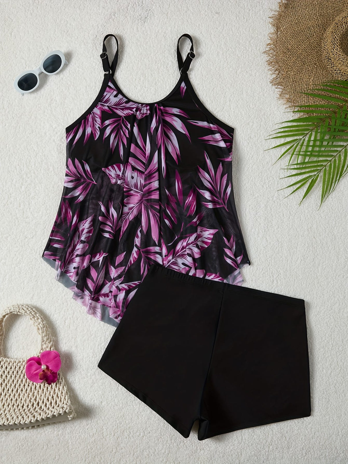 KissICON Chic Tropical Leaf Print Curve Tankini